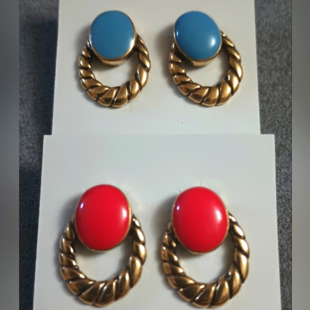 Women's Earrings Gold Plated Red/Blue Faux Gemstones Lot Of (2) Pair